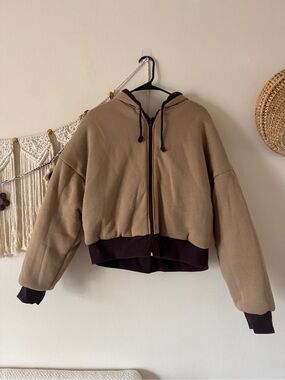 Madewell Taupe Cropped Hooded Bomber with Dark Brown Trim